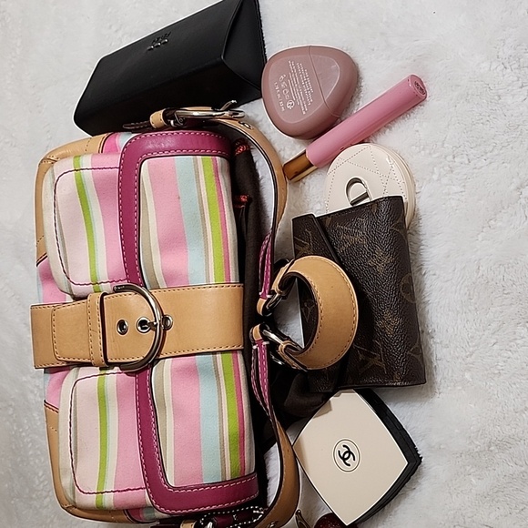 Coach Y2K Soho Hampton Pastel Stripe Leather Trim Flap Shoulder Bag Barbiecore - Picture 13 of 16